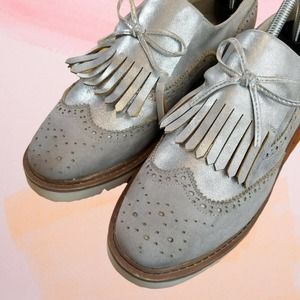 Primark Women's 11 Oxford Shoes Suede look Slip On With Fringe Metallic